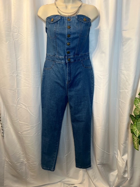Strapless High-Rise Denim Jumpsuit in Blue - Picture 2 of 16